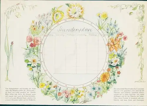 Stundenplan Sparkassen Verlag, Zeittafel der Blumenuhr, Künstlerplan um 1930