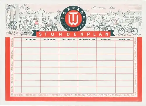 Stundenplan TORPEDO Werke AG, Frankfurt-Rödelheim, Fahrrad, Jugendrad um 1950