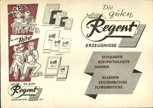 Stundenplan Regent Erzeugnisse Schulbedarf, vom ABC bis zum Abitur, Zeichenblöcke, Hefte um 1960