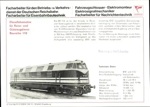 Stundenplan DDR Deutsche Reichsbahn, Diesellok BR 118, Berufe um 1970