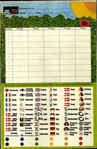 Stundenplan Dänemark Solid Service TV, Stundenplan mit Aufklebern um 1970
