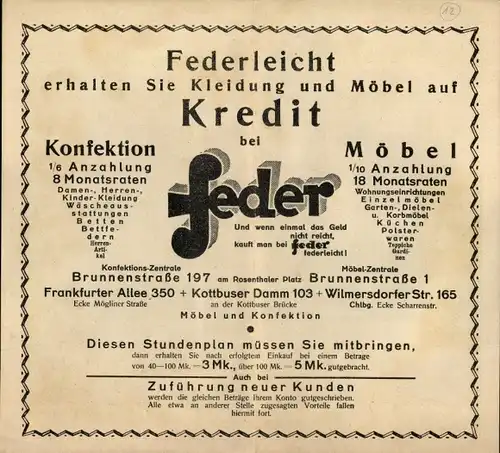 Stundenplan Kaufhaus Feder - Kleidung und Möbel - Filialen in Berlin Charlottenburg etc. um 1930