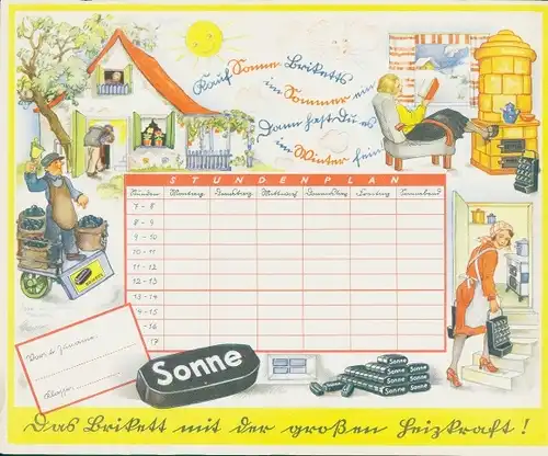 Stundenplan SONNE Kohle Briketts - das Brikett mit der großen Heizkraft um 1930