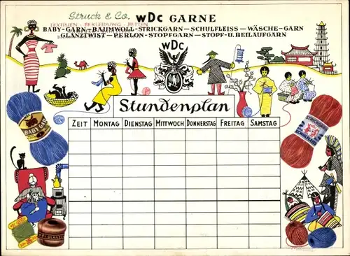 Stundenplan Struck & Co. WDC Garne Strickgarn Wäsche - Afrikaner, Asiaten um 1960