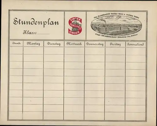 Stundenplan Singer Nähmaschinen Firmengelände - Längenmaße, Geschwindigkeiten um 1920