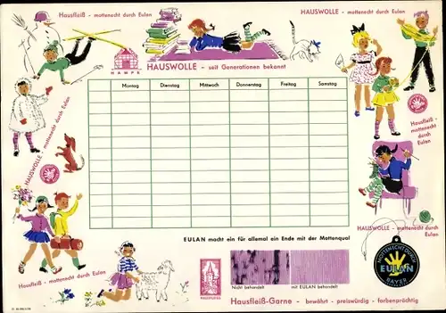 Stundenplan EULAN Hauswolle, Hausfleiß-Garne für Kinderbekleidung im Winter und Sommer um 1960