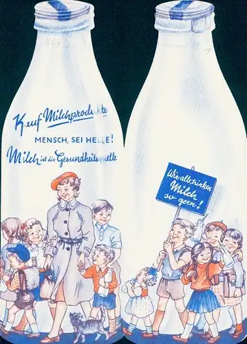 Klapp Stundenplan Reklame Trinke Milch, Milchflasche, Künstler Rudolf Wendt, Schlagsahne um 1950