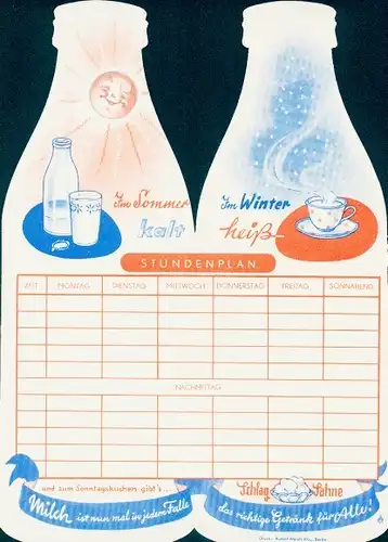 Klapp Stundenplan Reklame Trinke Milch, Milchflasche, Künstler Rudolf Wendt, Schlagsahne um 1950