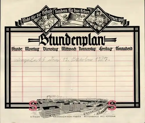 Stundenplan Singer Nähmaschinen Wittenberge bei Potsdam - Firmengelände um 1925