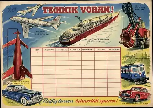 Stundenplan DDR Sparkasse, Technik voran, Rakete, Flugzeuge, Schiff, Eisenbahn um 1960