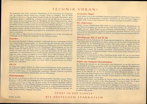 Stundenplan DDR Sparkasse, Technik voran, Rakete, Flugzeuge, Schiff, Eisenbahn um 1960