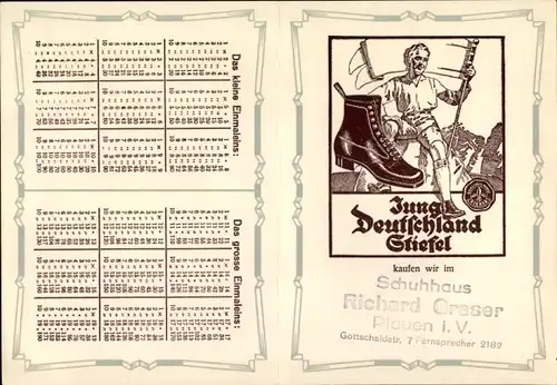Stundenplan Jungdeutschland Stiefel, Schuhhaus Richard Graser in Plauen um 1930