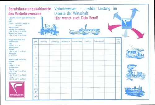 Stundenplan DDR Berufsberatung im Verkehrswesen, Reichsbahn, Straßenbahn, Schiffe um 1980