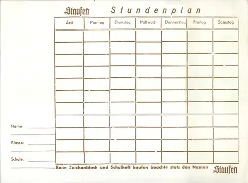 Stundenplan Staufen Zeichenblock, Hefte, Kaiser Friedrich Barbarossa um 1960