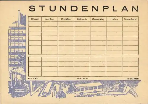 Stundenplan Industrie, Transport, Fabriken, Bus um 1960