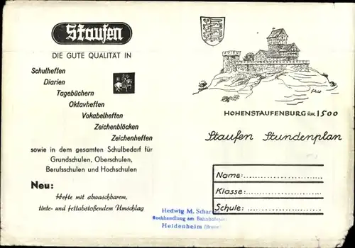 Stundenplan Staufen Zeichenblock, Hefte, Burg Hohenstaufen um 1960