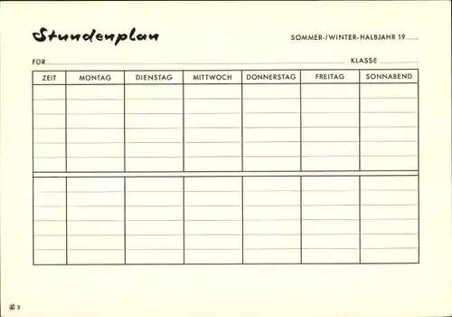 Stundenplan Standard, Sommer-/Winter-Halbjahr um 1960