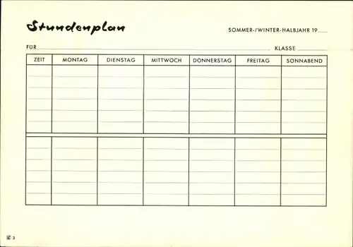 Stundenplan Standard, Sommer-/Winter-Halbjahr um 1960