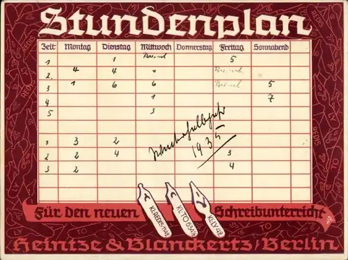 Stundenplan Heintze & Blanckerts Federn Berlin, Schreibfedern für Schreibunterricht um 1935