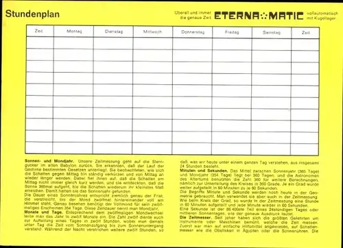 Stundenplan Uhrenhersteller Eterna AG, Schweiz, Uhr Eterna Matic, Weltkugel 1960/70