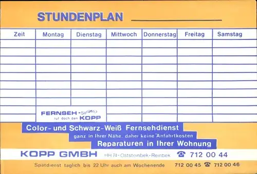 Stundenplan Kopp GmbH Hamburg Rahlstedt & Reinbek, Fernsehdienst um 1960/70