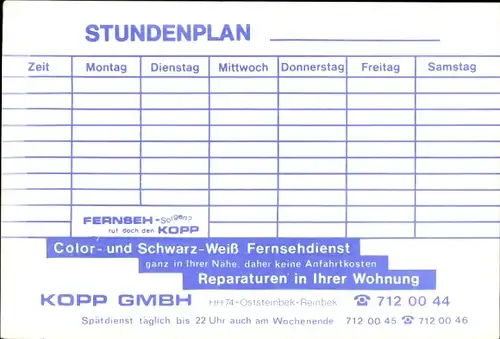 Stundenplan Kopp GmbH Hamburg Rahlstedt & Reinbek, Fernsehdienst um 1960/70