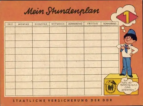 Stundenplan DDR Staatliche Versicherung, Brandschutzversicherung, Bildergeschichte um 1970