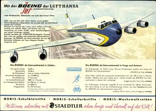 Stundenplan Staedtler Stifte, Boeing Jet Intercontinental LUFTHANSA, Daten um 1960