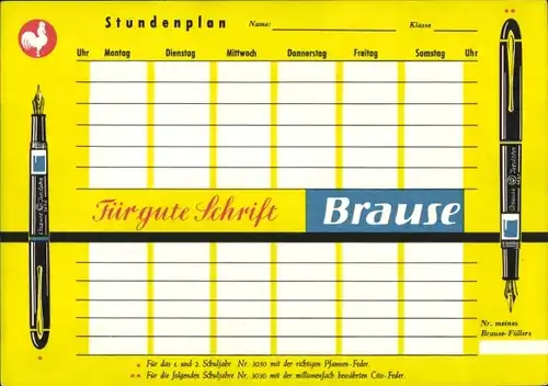 Stundenplan Brause Patronenfüller, für gute Schrift, Weltkarte um1960