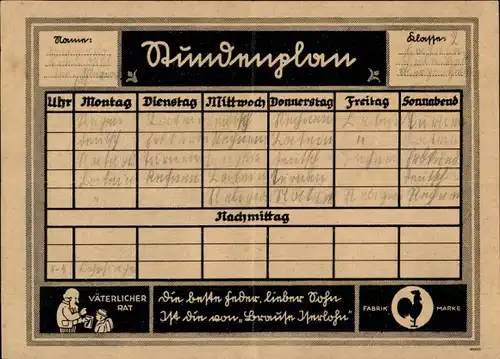 Stundenplan Brause & Co. Iserlohn Fabrik-Marke, Schreibgeräte, Sütterlin Schriftarten um 1920