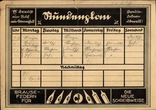 Stundenplan Brause & Co. Iserlohn Fabrik-Marke, Schreibgeräte, Sütterlin Schriftarten um 1920
