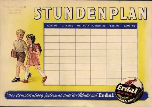 Stundenplan ERDAL Schuhcreme, Schuhpflege, Kinder auf dem Schulweg um 1950
