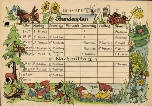 Stundenplan Marienkäfer, Frösche, Heinzelmännchen, Hase und Igel um 1950
