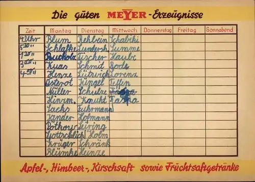 Stundenplan Meyer Getränke, Apfel-, Himbeer-, Kirschsaft und Fruchtsaftgetränke um 1950