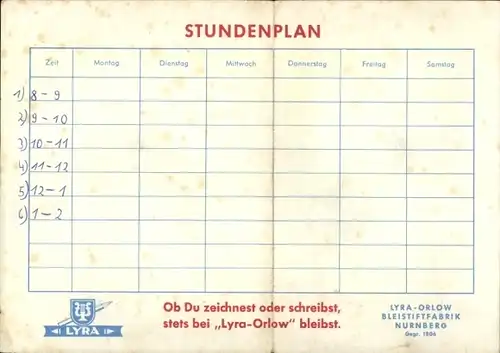 Stundenplan LYRA-Orlow Bleistiftfabrik, Nürnberg, Beliebte Blechdosen um 1950
