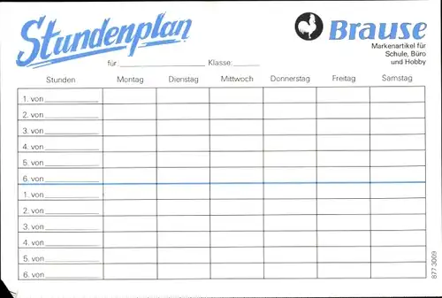 Stundenplan Brause Markenartikel für Schule, Büro und Hobby um 1970