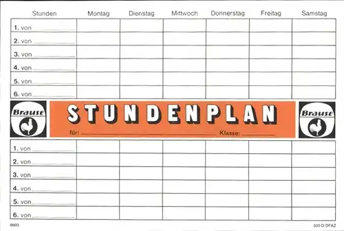 Stundenplan Brause Zeichengeräte, hilft lehren und lernen, um 1970