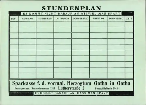 Stundenplan Sparkasse Herzogtum Gotha, Lutherstraße 2, Das Sparkassenbuch, Hausansicht um 1950