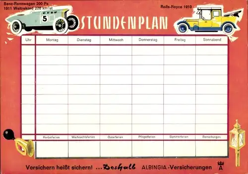 Stundenplan Albingia Versicherung, Oldtimer, Mercedes Opel Ford Daimler Cadilliac um 1960