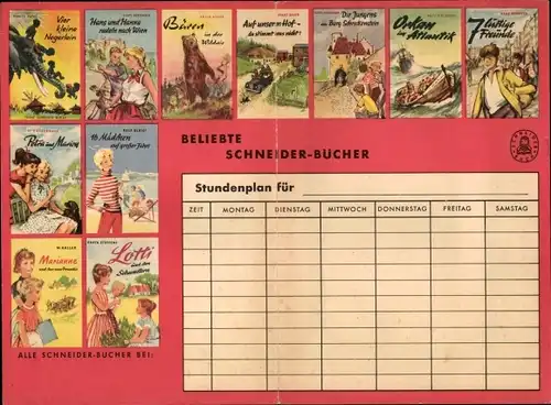 Stundenplan Reklame Franz Schneider Verlag München, Beliebte Schneider-Bücher Jugendbücher um 1960
