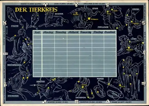 Stundenplan DDR Sparkasse Der Tierkreis, Sternzeichen um 1960