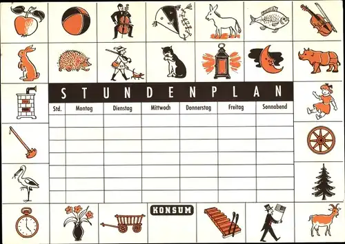 Stundenplan DDR Konsum, Bilder-ABC, Ratespiel für Kinder um 1980