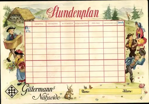 Stundenplan Gptermannßs Nähseide, Kinder in Trachten, Schwarzwald, um 1950
