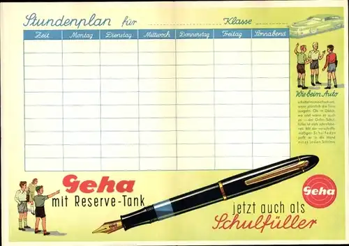 Stundenplan Geha Füller, Schulfüller, Druckstift 833, Schreibgartitur 880, Goldfeder um 1950