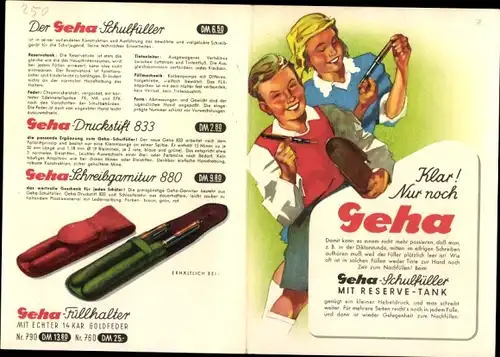 Stundenplan Geha Füller, Schulfüller, Druckstift 833, Schreibgartitur 880, Goldfeder um 1950