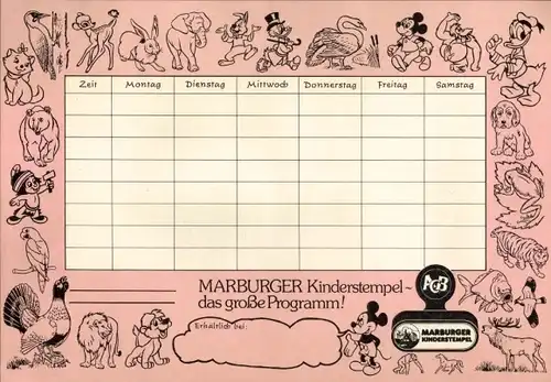 Stundenplan Reklame Marburger Kinderstempel, Disney-Figuren, Donald, Dagobert, Mickey um 1960