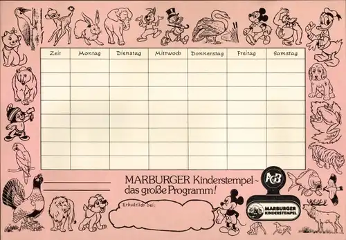 Stundenplan Reklame Marburger Kinderstempel, Disney-Figuren, Donald, Dagobert, Mickey um 1960