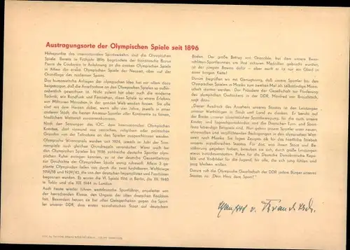 Stundenplan DDR Sparkasse - Austragungsorte der Olympischen Spiele seit 1896 um 1960