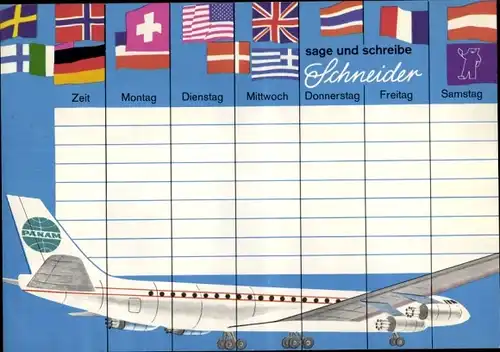 Stundenplan Schneider Kugelschreiber, Stifte, Tintenpatronen, PAN Am Flugzeug um 1960