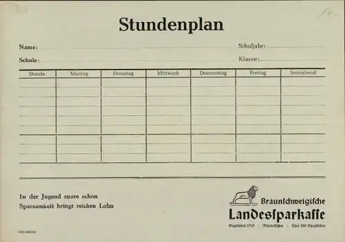 Stundenplan Braunschweigische Landessparkasse, Hausbau um 1970